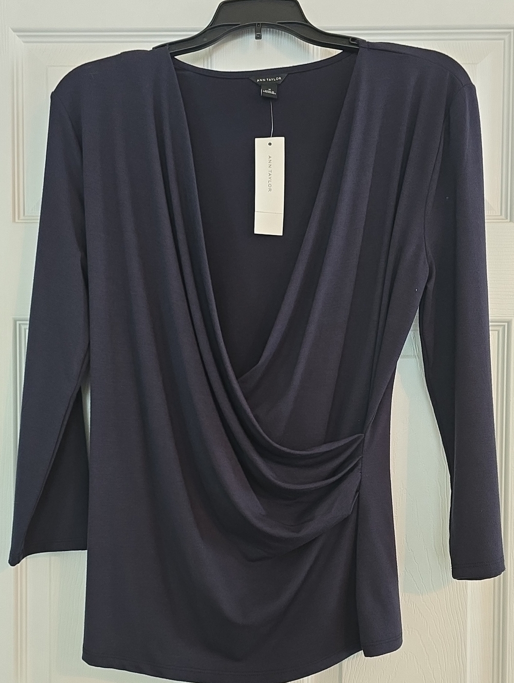 Ann Taylor Deep Navy Draped V-Neck Blouse